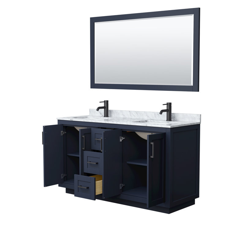 Miranda 60" Freestanding Double Bathroom Vanity with Marble Top with 58" Mirror, Matte Black, Dark Blue
