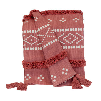 Jeté rayé en coton tissé rose