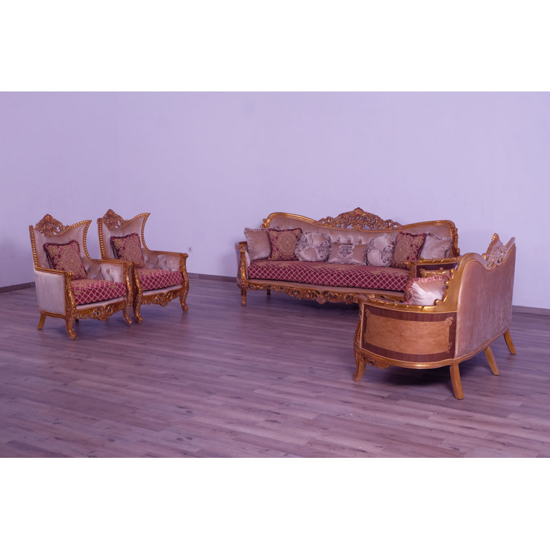 3 Piece Modigliani Sofa Red Gold Fabric, Red Burgundy/Gold