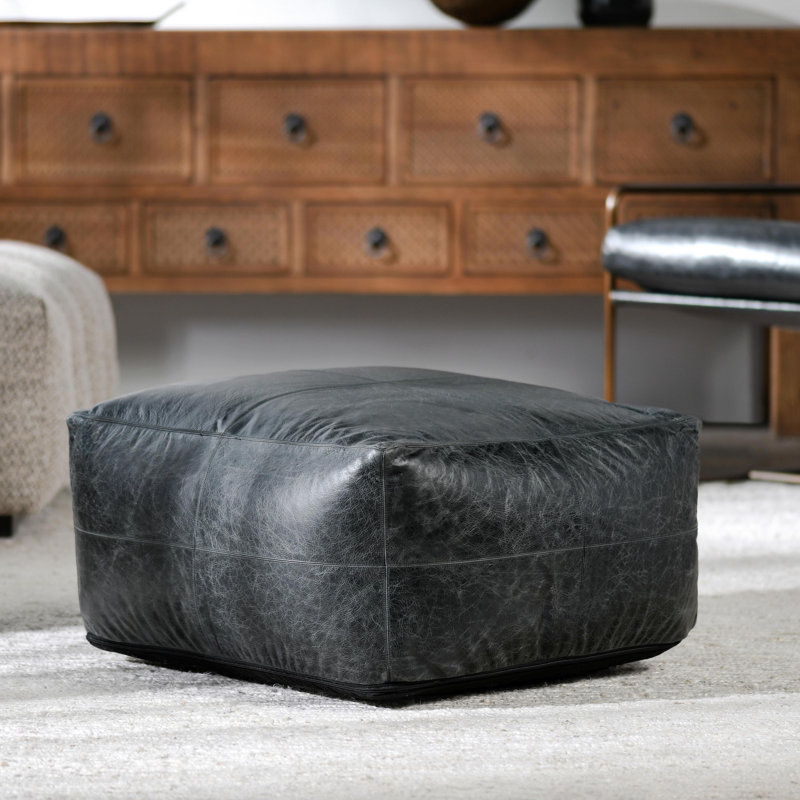 Dexter 24" Genuine Leather Pouf , Onyx Black, Onyx Black