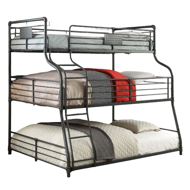 Lit superposé simple au-dessus d'un lit double de style industriel avec structure en métal, garde-corps et échelle incurvée