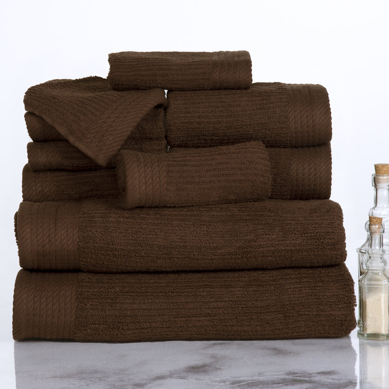 Airyonna 10-Pc Bath Towel Set - Luxurious 100% Cotton Ribbed Pile Absorbent Bathroom Set Towels, Chocolate