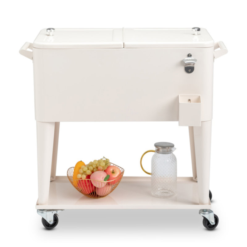 Chariot à glaçons extérieur crème 3-en-1 avec ouvre-bouteille et tablette de rangement, Blanc