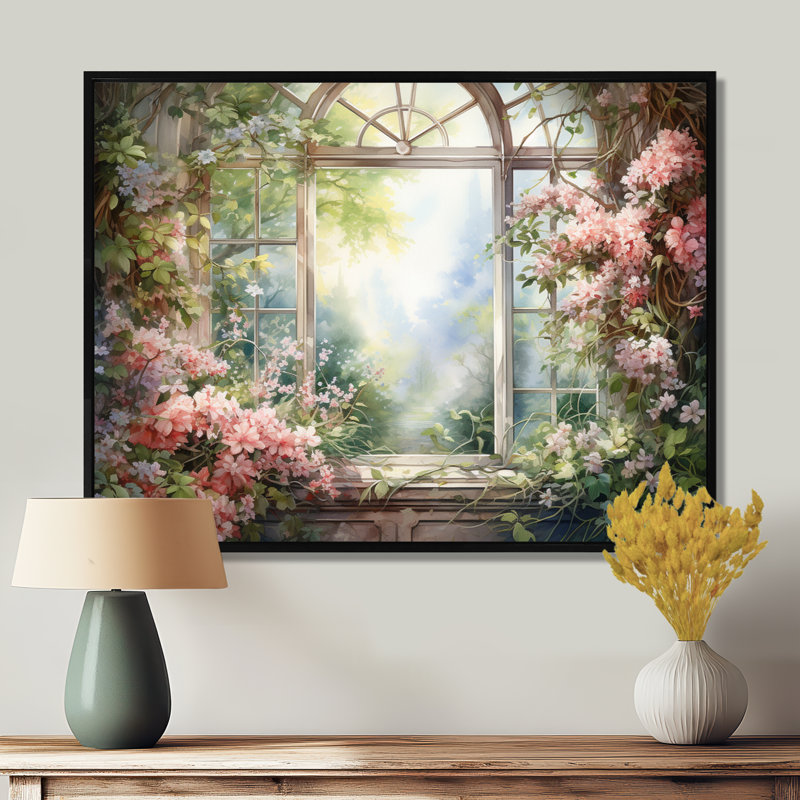 «Pink Blossoming Country Window Gaze II», reproduction d'art sur toile encadrée, Cadre flottant noir