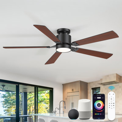 Ventilateur de plafond intelligent de 132 cm avec éclairage DEL et éclairage d'ambiance RVB, application et télécommande, moteur CC réversible silencieux, 6 vitesses, montage encastré, pour salon et chambre.