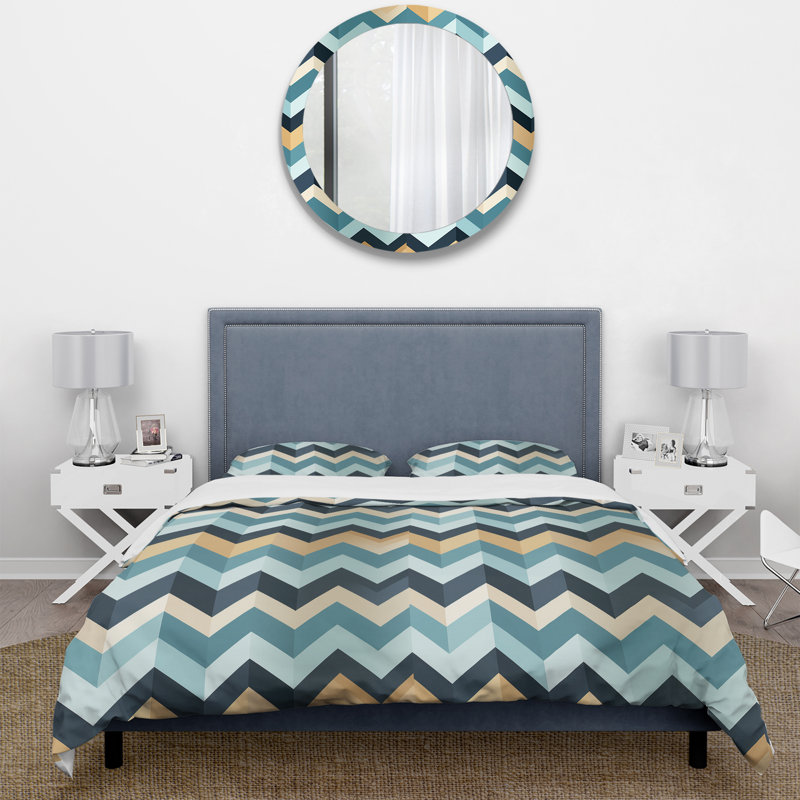 Ensemble de housse de couette à chevrons géométriques bleu et beige - Microfibre polyester