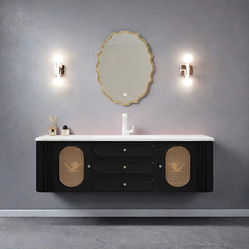 French cream-style rattan bathroom cabinet, 71"