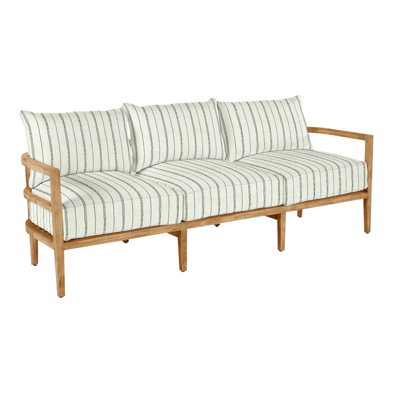 Santa Barbara 87" Wide Outdoor Teak Patio Sofa with Cushions, No Welt, Herringbone Sand, Natural Teak