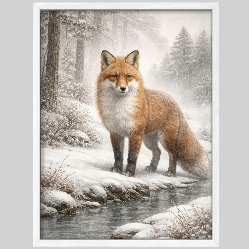 Winter Fox Landscape Framed Wall Art Prints - Fox in snowy forest, for living room, H 10 po x l 8 po, Blanc