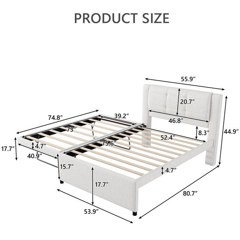 Lit plateforme tapissier avec lit gigogne, Beige
