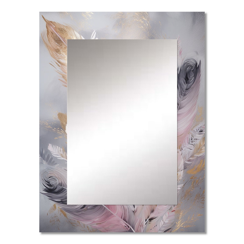 Plume rose Wanderlust - grand miroir mural en plumes Glam, miroir unique moderne, impression d'art en métal, 32 po x 24 po
