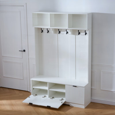 5-In-1 Hall Tree With Bench, Shoe Storage & 3 Open Cabinets, Farmhouse Design For Hallway And Living Room