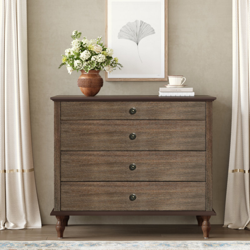 Large 4-Drawer Chest With Solid Wood Foot, Dresser With Brushed Deep Brown Finish & Metal Drawer Knobs, Antique Design For Bedroom & Nursery