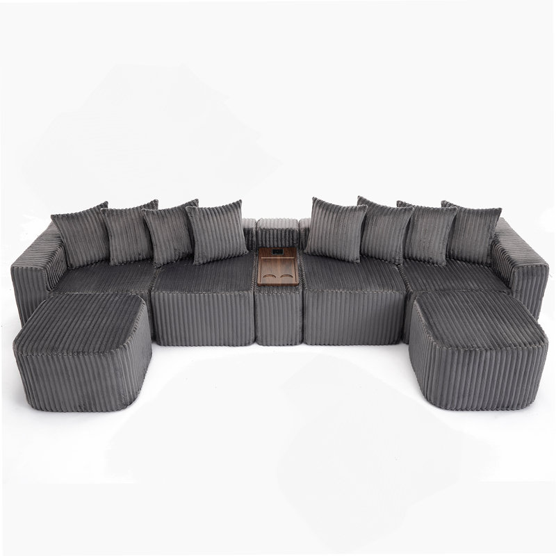 Boneless 137.5" U Shaped Sofa , USB & Wireless Charge, Coffee Table Board With A Cup Holder, Oversize Movable Modular Sofa,Movable Footstool,No Assembly,6 Seats,Corduroy,Orange