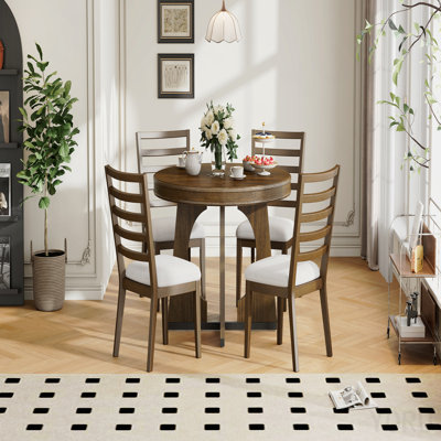 Round Dining Table For 4 With Chairs Set, Extendable Dining Table Set With 16" Removable Middle Leaf, 5 Piece Retro Dining Table Set Unique Geometric