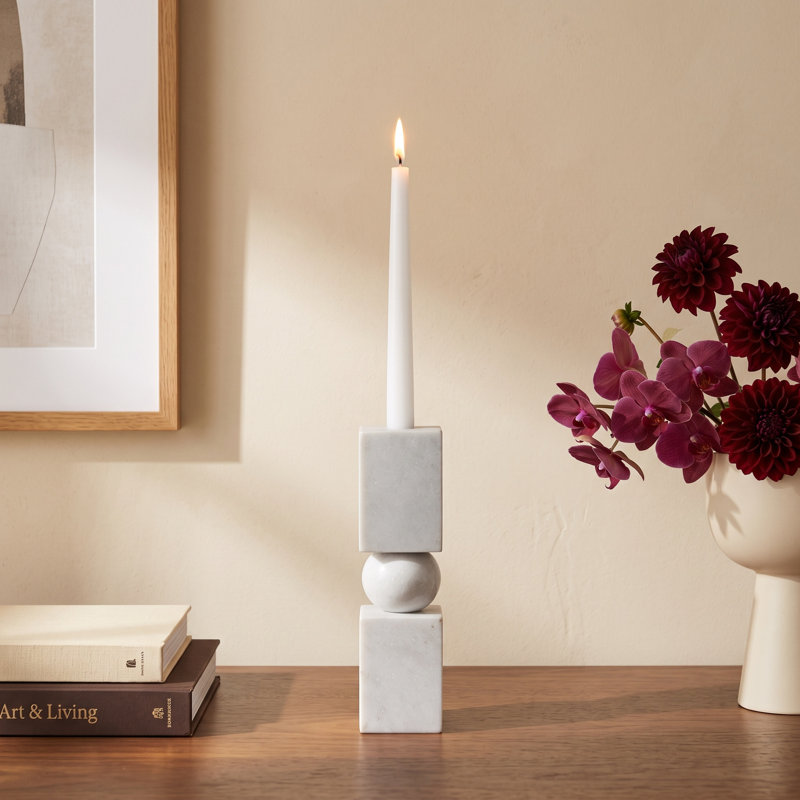 Chunky Marble Taper Holder, 12" H x 3" W x 3" D, White