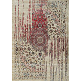 5x8 Ivory Machine Made Wool Viscose Distressed Floral Medallion Geometric Modern Contemporary Carpet Rug