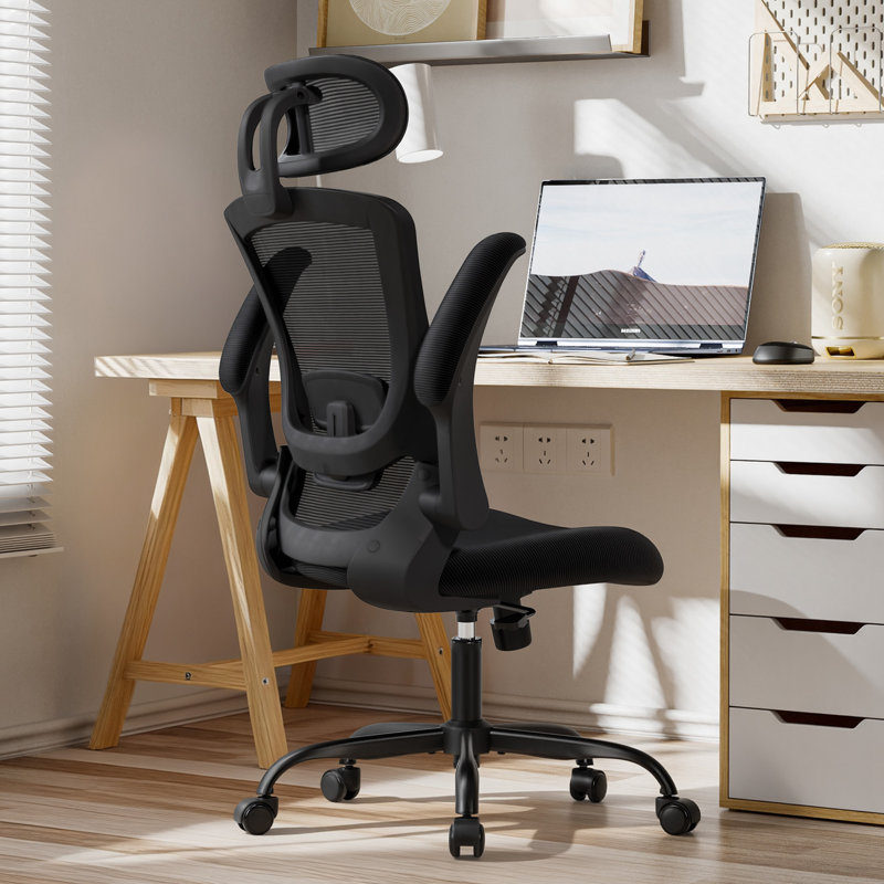 Chaise de bureau ergonomique en filet avec accoudoirs relevables Inbox Zero, Tout noir