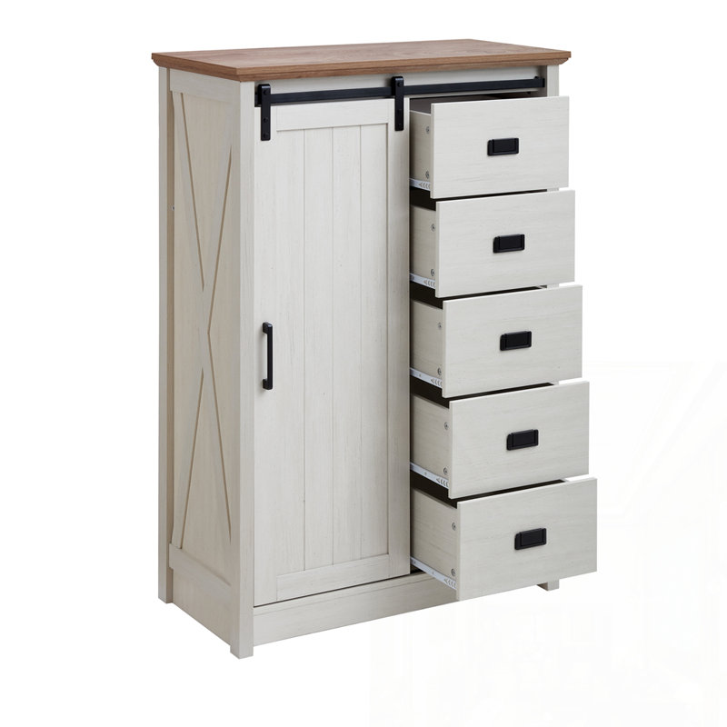 Commode 5 tiroirs avec porte de grange coulissante, Blanc