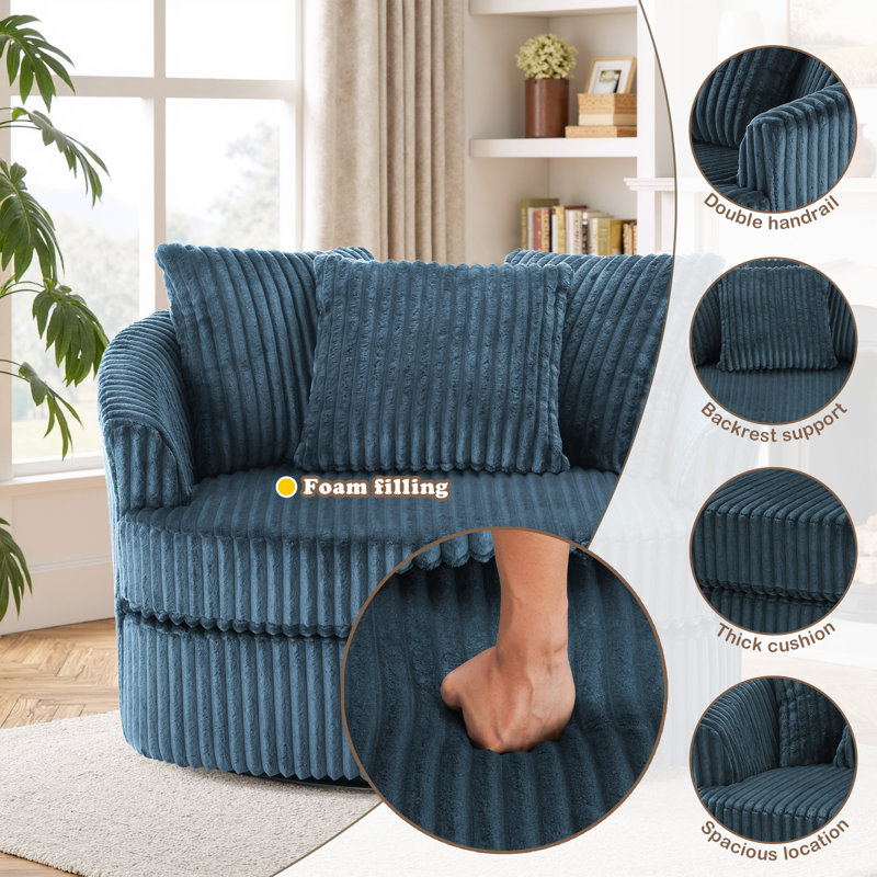 Ultra Plush Faux Rabbit Fur Oversized Swivel Barrel Chair with Three Pillows, Blue