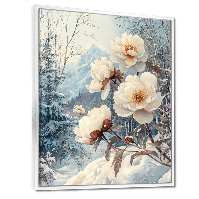Neige coiffée de pivoines dans la forêt II - pivoines, art mural, H 20 po x l 12 po, Reproduction avec cadre flottant, Blanc