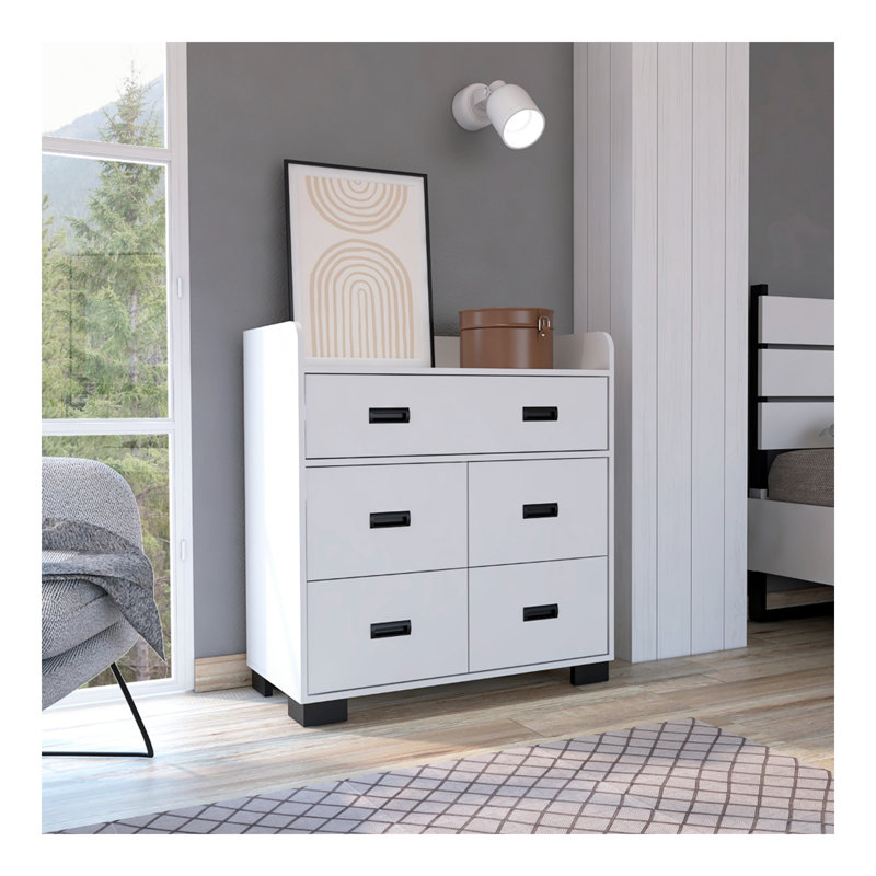 Commode Alyn, quatre pieds, quatre tiroirs, un double tiroir, plateau supérieur blanc, Blanc
