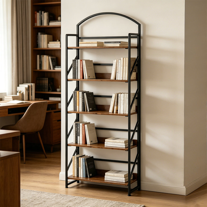 Arched Bookshelf, 5 Tier Folding Bookcase Storage Organizer, No Assembly Book Shelf, Brown