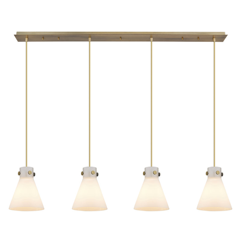 Luminaire suspendu conique à 4 lumières Amrith, Laiton brossé, Blanc