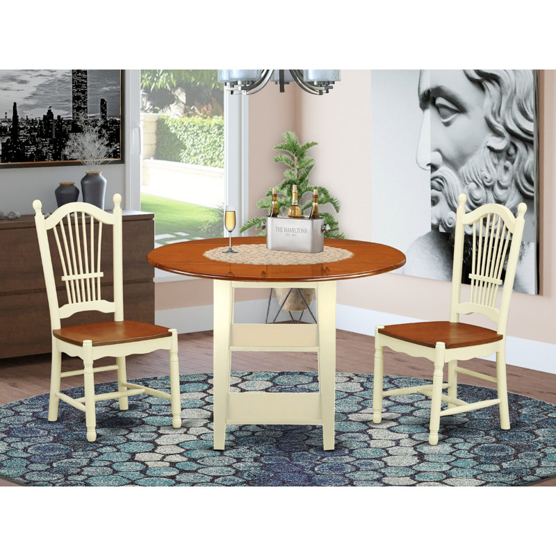 L'ensemble de table de salle à manger 3 pièces pour petits espaces comprend une table de salle à manger ronde avec Dropleaf et des tablettes et 2 chaises en bois, babeurre et cerise