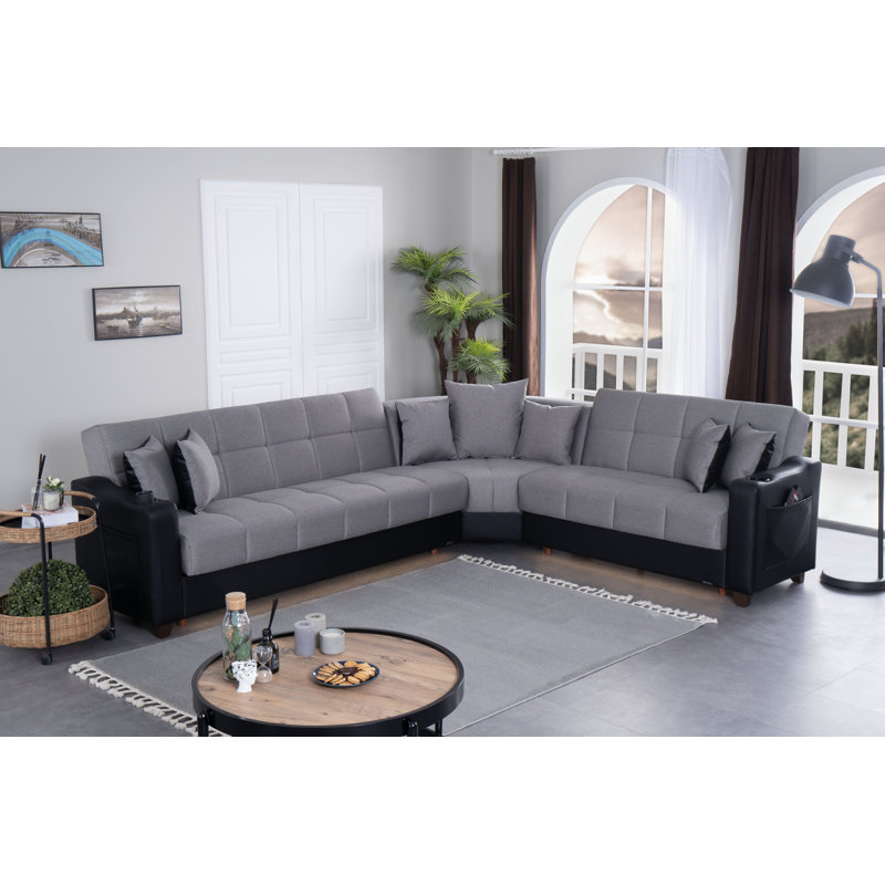 Canapé modulaire Lindsey beige avec similicuir chocolat, Tissu gris clair / similicuir noir