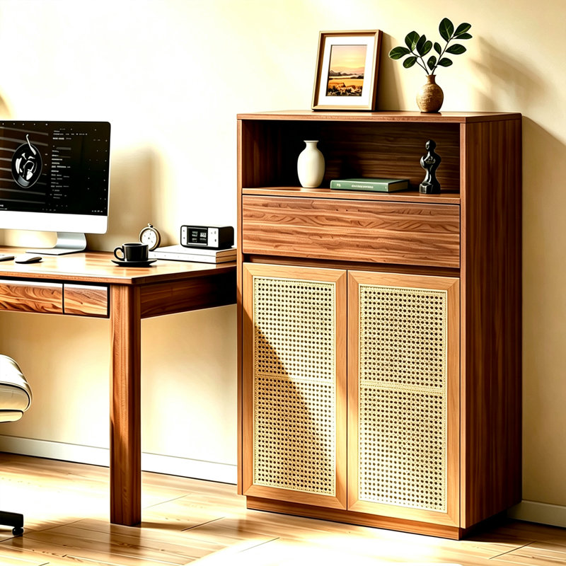 Armoire de rangement en bois massif tressé de rotin, Noyer