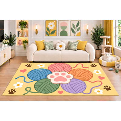 Tapis ultra fin 152 x 213 cm (5 pi x 7 pi) à motif floral et pelotes de laine jaune, avec cœurs et pattes de chat colorées. Décoration florale pour chambre d'animal de compagnie. Dos antidérapant en silicone.