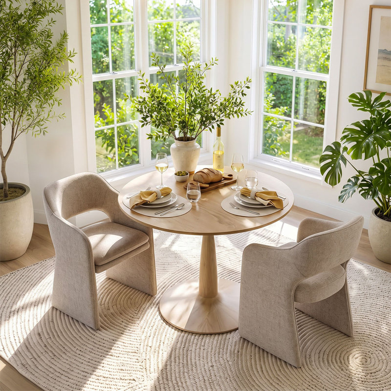 Ensemble de table et de chaises pour 2 personnes avec table ronde et 2 fauteuils en tissu rembourrés, Khaki