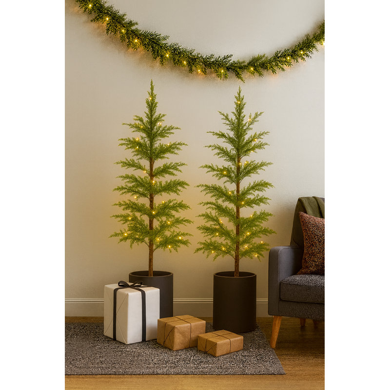 Ensemble de 3 pi de 2 arbres de Noël en pot pré-éclairés, lumières DEL à piles, pot en résine, 3'