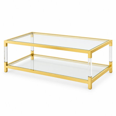 Coffee Table 47.2 W x 23.6 D x 17.7 H 1 Piece Double Layer Tempered Glass Top Golden Metal Frame Acrylic Leg Modern Rectangular Center Table For Living Room Study Office