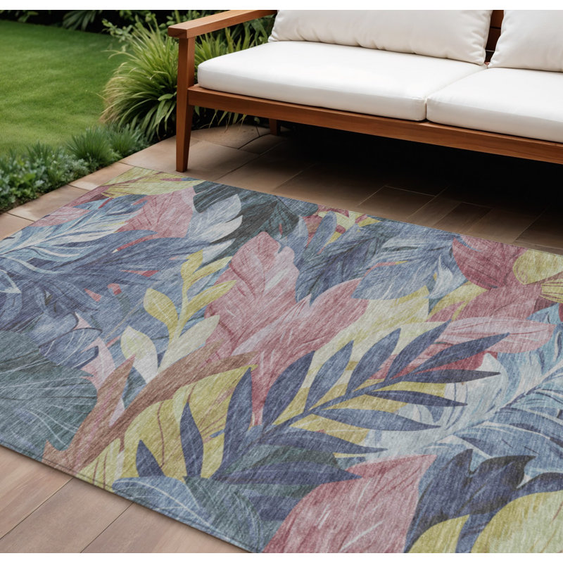 Tapis d'intérieur lavable floral bleu et rosé 9 pi x 12 pi Denim