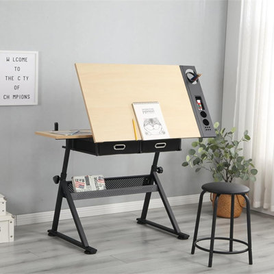 Height Adjustable Drafting Table with Tilted Desktop, 2-Drawer Art and Drawing Desk with Stool for Home Office, Studio, or School