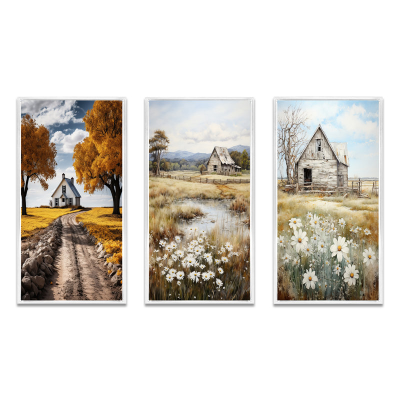 "Élégance campagnarde" - 3 pièces sur toile, Cadre blanc, H 28 po x l 36 po