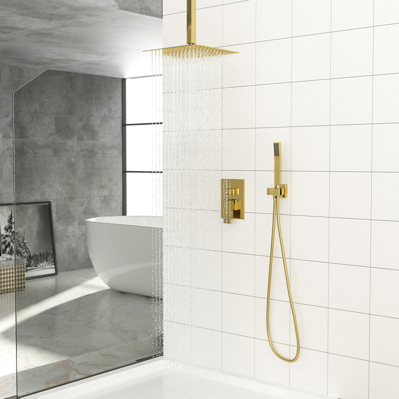 Pomme de douche double dorée - Plafonnier carré de 16 pouces avec tuyau et support pour fonction pluie