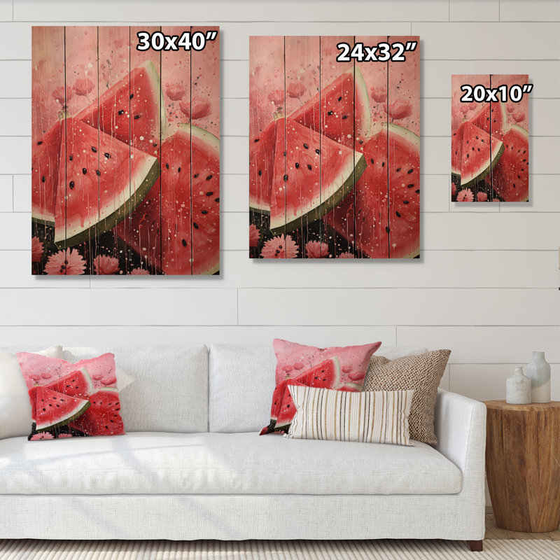 Fruit pastèque rose pointillisme sur bois, H 20 po x l 10 po x P 0,78 po