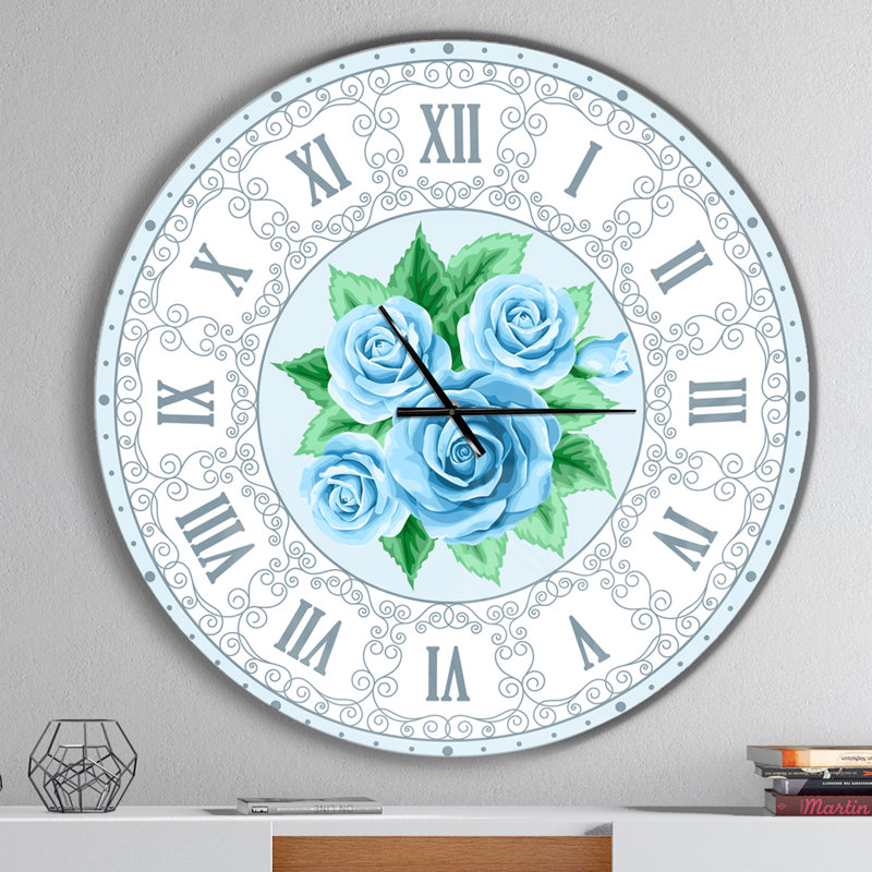 Horloge murale moderne bleu dessiné à la main Roses Shabby Elegance Vintage, Surdimensionné