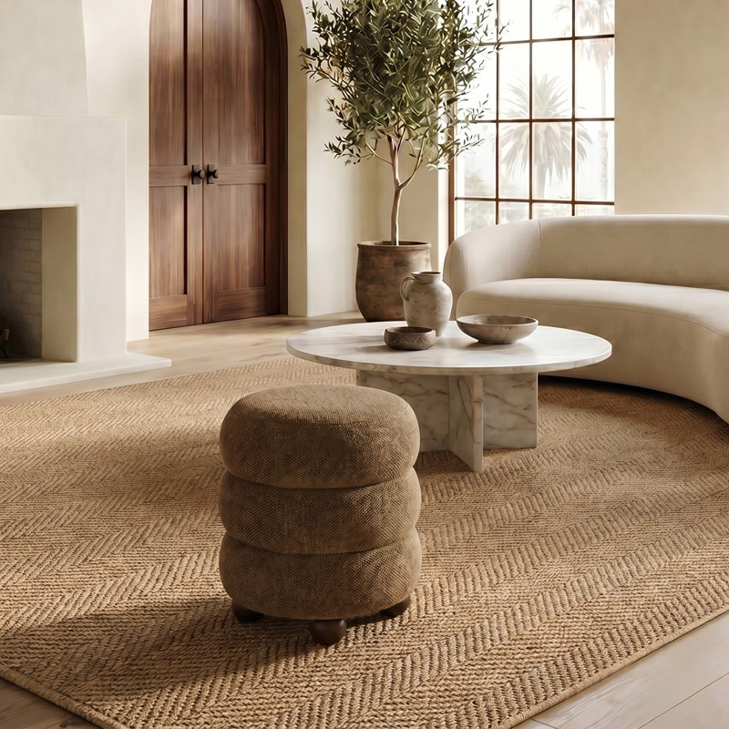 Dalisha 17" Velvet Round Ottoman, Walnut, Dark Brown Chenille