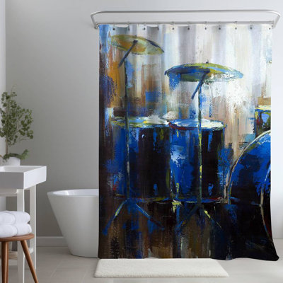Abstract Drums Blue – Instrument Bedroom – Polyester Shower Curtain, Dye Sublimation Print, 71" W × 74" L