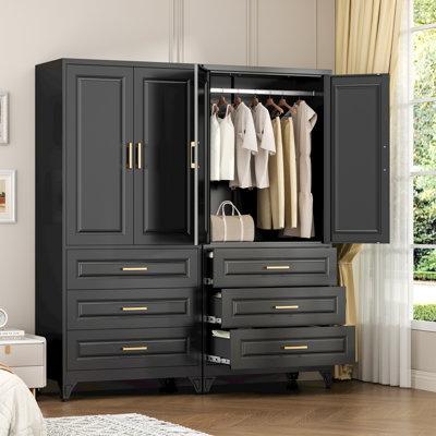 Metal Armoire Wardrobe Closet with Three Drawers, Black 71" Tall Armoire Wardrobes with Doors and Shelves, Metal Armoire Wardrobe Closet with Hanging Rod, for Bedroom