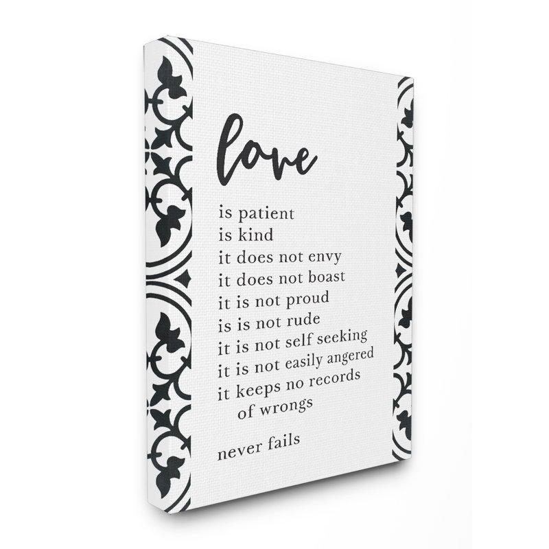 «Love is patient Love is Kind», reproduction d'art textuelle sur toile à cadre flottant, H 30 po x l 24 po, Toile tendue