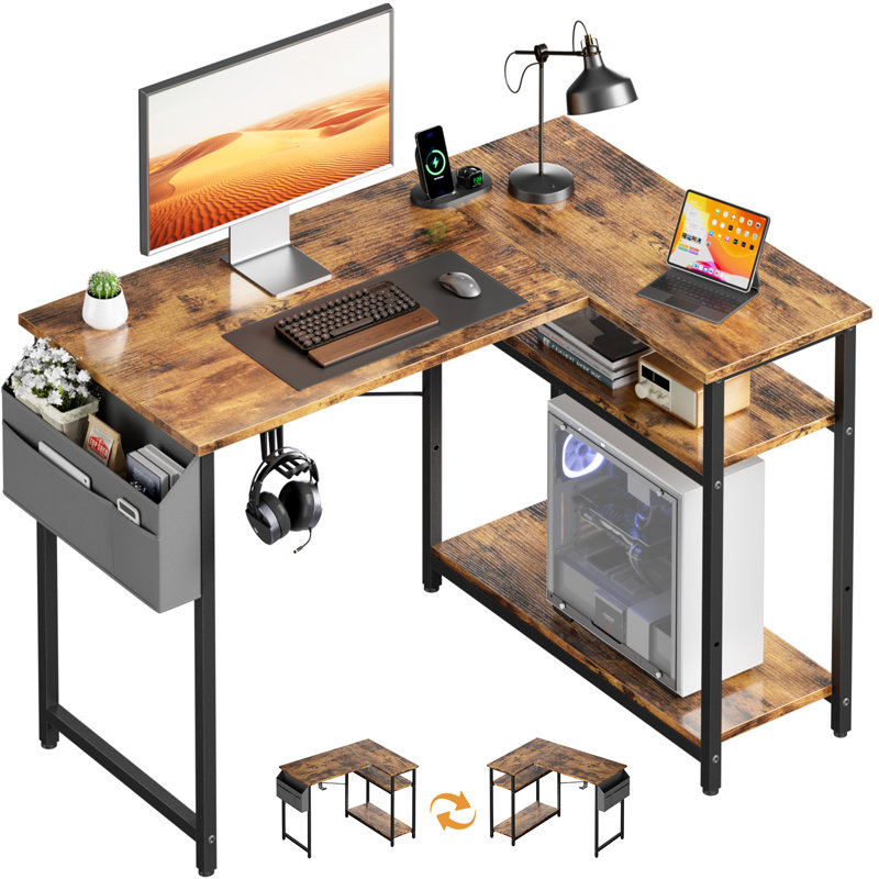 44" office computer desk with 1 large storage pocket and 2 adjustable shelves, space-saving corner desk for home, home office and office, with headphone hook,small spaces, remote workers and home offices