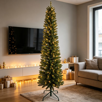 6ft Pre Lit Pencil Christmas Tree with Lights Green Artificial Slim Xmas Tree Skinny Indoor