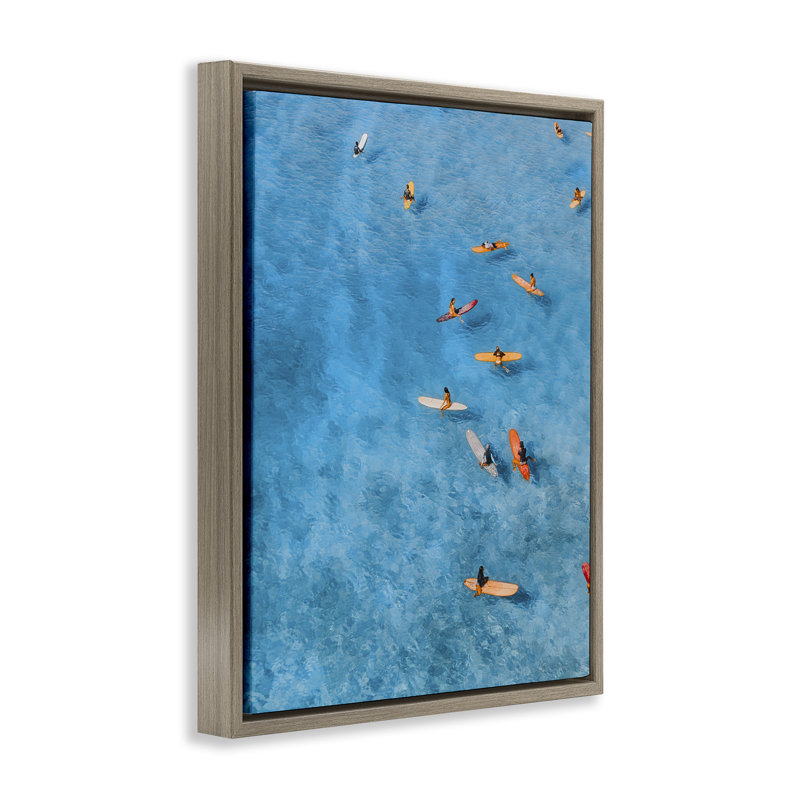 Surfeurs tranquilles sur un cadre flottant, conception de Jesse Keith, Montalcino orme flottant encadré, H 21 po x l 17 po