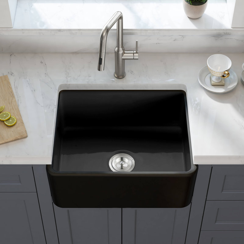 Farmhouse / Apron Single Bowl Fireclay Kitchen Sink, 18" H x 24" W x 10" D