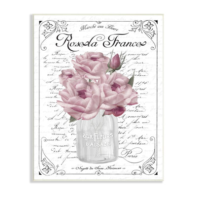" Pink Roses Bouquet French Words Fancy Script Background " by Lettered And Lined